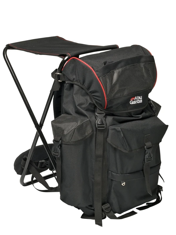 Abu Garcia Deluxe Fishing Rucksack with Built-In Chair – Heavy-Duty, Water-Repellent Backpack for Anglers & Outdoor Enthusiasts, Black/Red