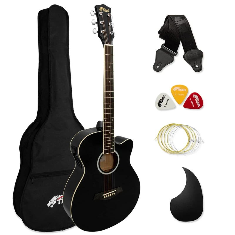 TIGER ACG4-BK Full Size Electro Acoustic Guitar for Beginners with Built-in 3-Band EQ - Package includes Gig-bag, Strap, and Spare Strings - Black - Now with Six Months FREE lessons