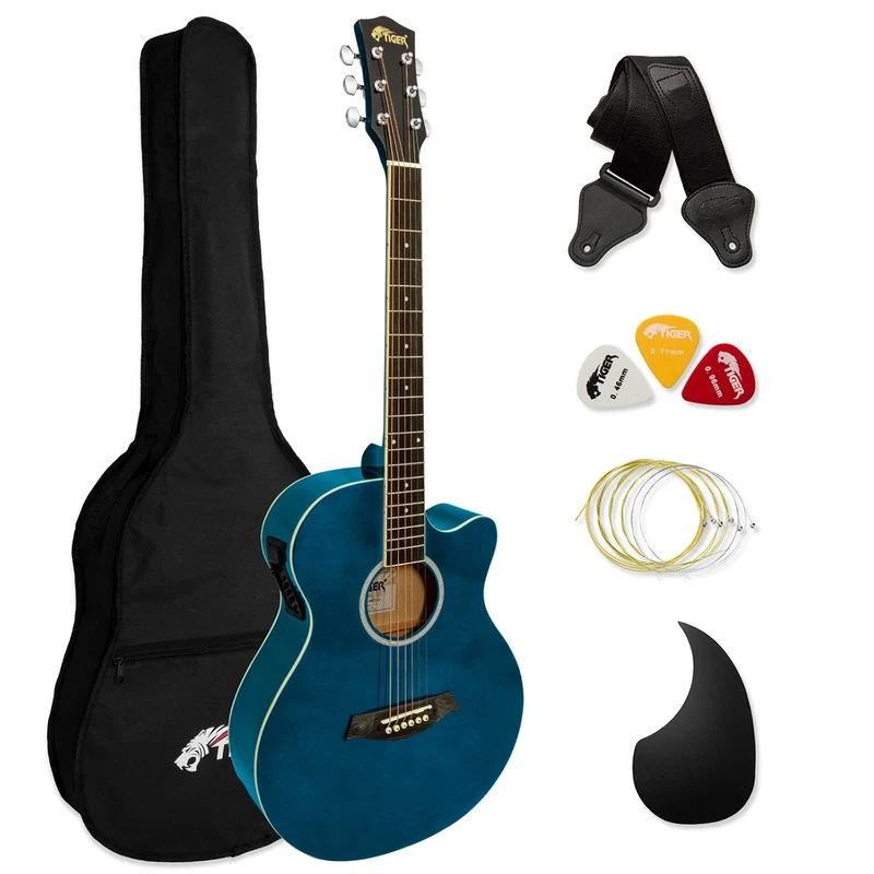 TIGER ACG4-BL Full Size Electro Acoustic Guitar for Beginners with Built-in 3-Band EQ - Package includes Gig-bag, Strap, and Spare Strings - Blue - Now with Six Months FREE lessons
