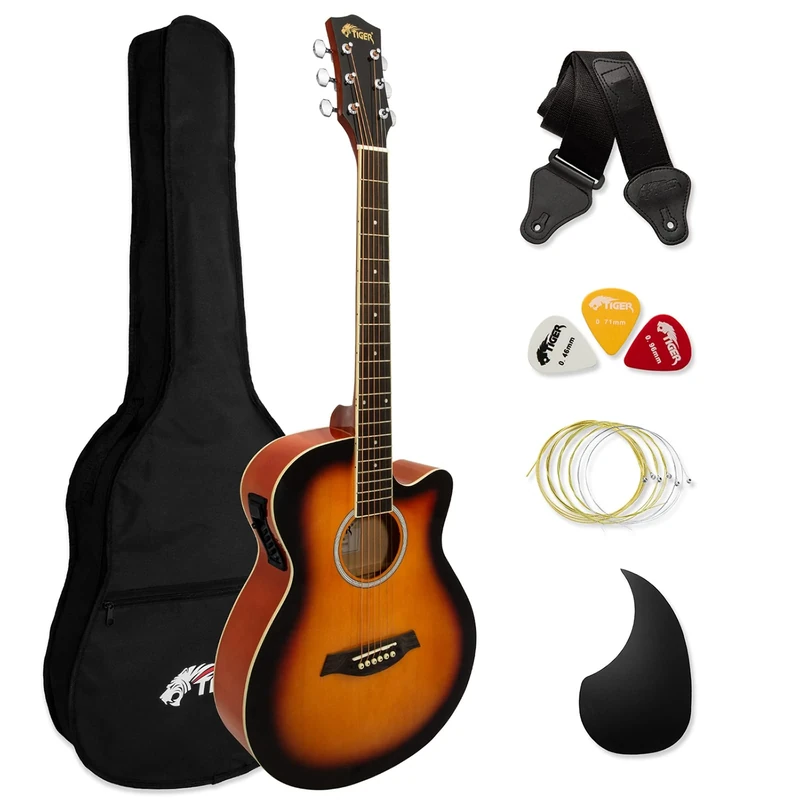 TIGER ACG4-SB Full Size Electro Acoustic Guitar for Beginners with Built-in 3-Band EQ - Package includes Gig-bag, Strap and Spare Strings - Sunburst - Now with Six Months FREE lessons