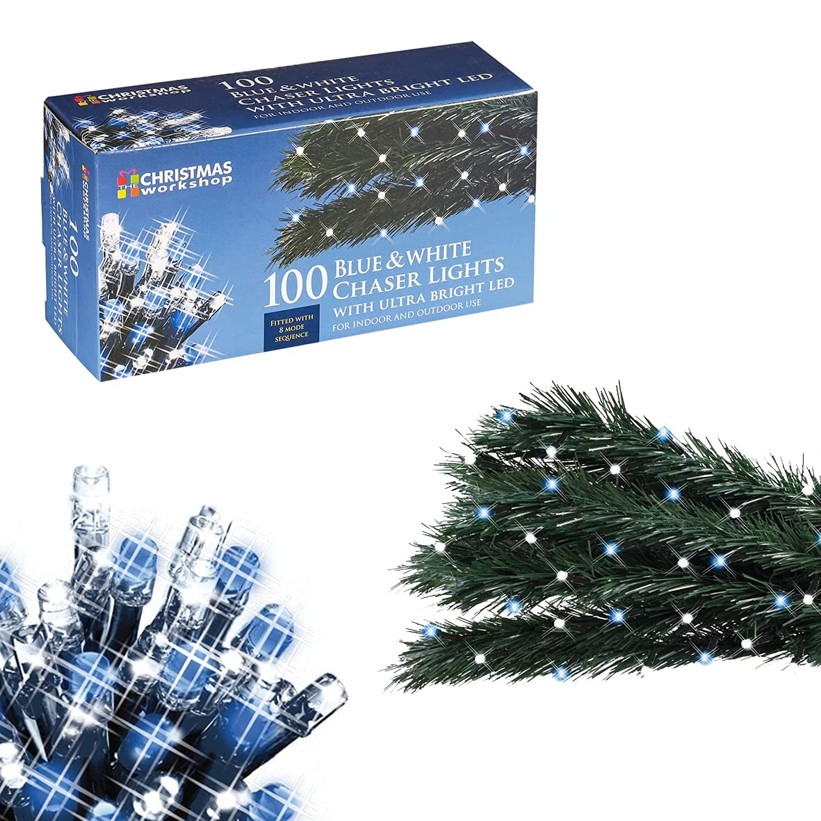 The Christmas Workshop 78580 100 Blue & White LED Chaser Christmas Lights/Indoor or Outdoor Fairy Lights / 6.9 Metres / 8 Light Modes/Great for Christmas, Weddings & Gardens