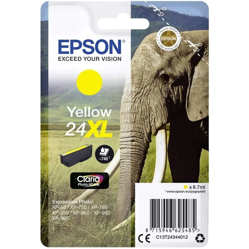 Epson 24XL Yellow Elephant High Yield Genuine, Claria Photo HD Ink Cartridge, XL High Capacity