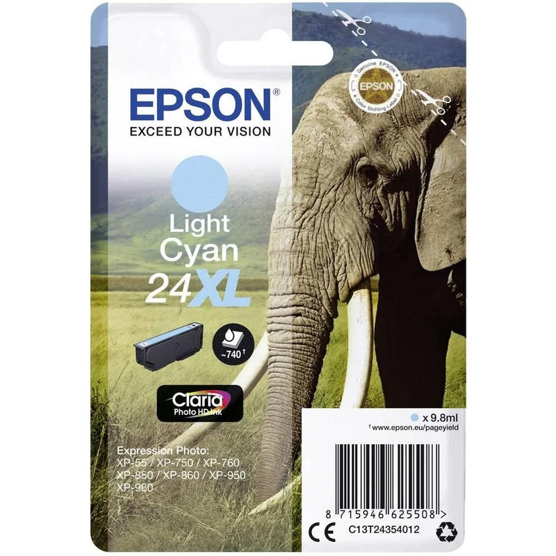 Epson 24XL Light Cyan Elephant High Yield Genuine, Claria Photo HD Ink Cartridge, XL High Capacity
