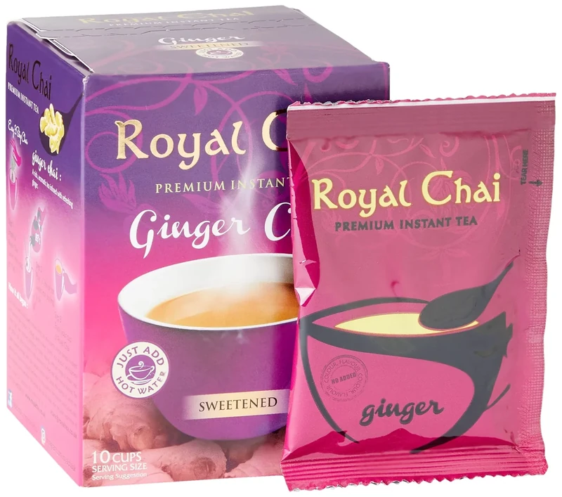 Royal Chai | Ginger Chai Sweetened | 10 Single Serving Sachets | Premium Instant Tea | 200g