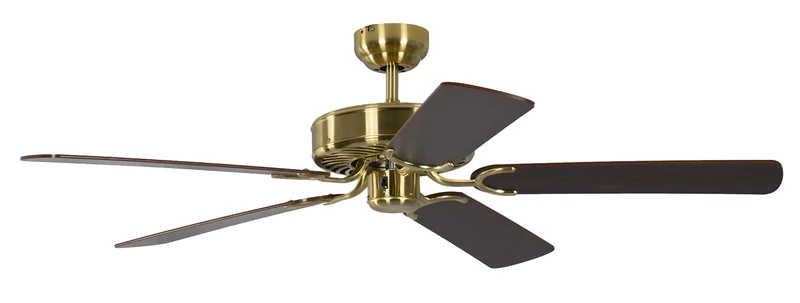 Potkuri 52 inch / 132 cm Reversible Ceiling Fan without Lights in Satin Brass with Mahogany Blades and Pull Cord