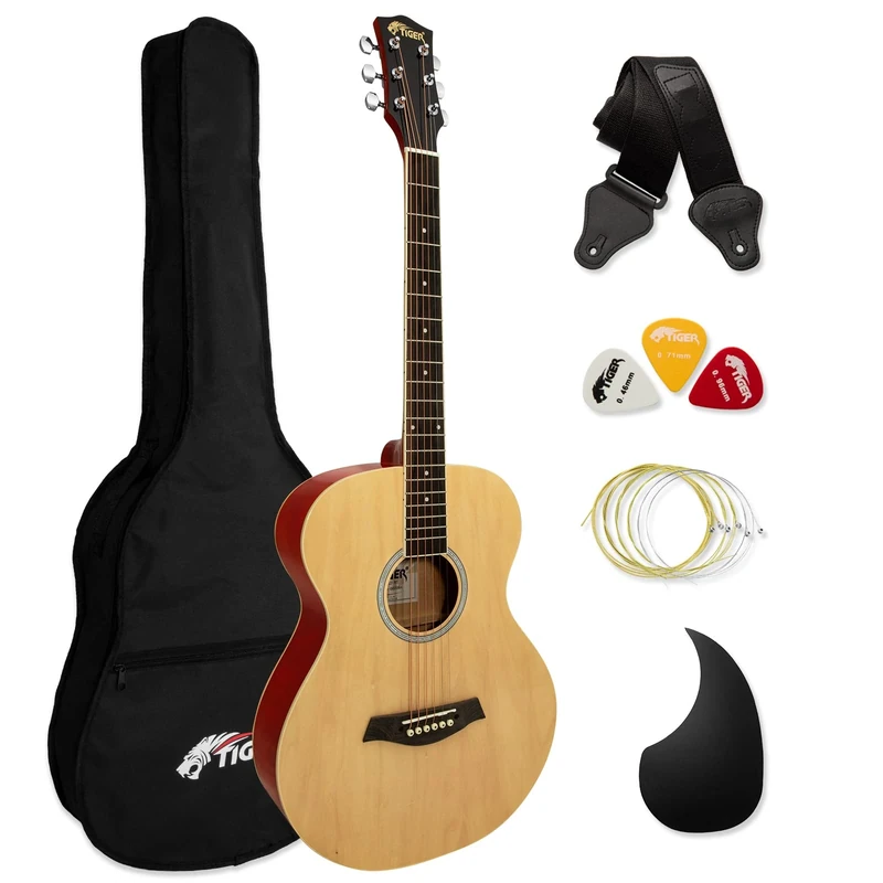 Acoustic Guitar for Beginners - Full Size, Steel-String - includes Gig-bag, Strap, Scratchplate and Spare Strings - Natural - TIGER ACG2-NT