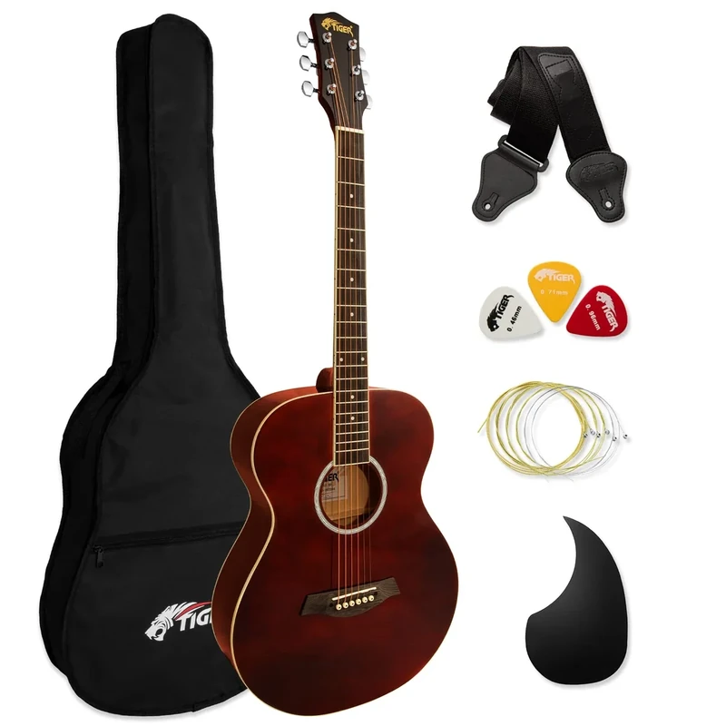 Acoustic Guitar for Beginners - Full Size, Steel-String - includes Gig-bag, Strap, Scratchplate and Spare Strings - Chestnut - TIGER ACG2-RD