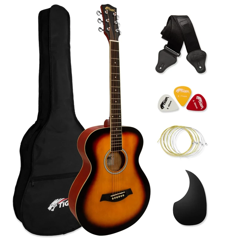 Acoustic Guitar for Beginners - Full Size, Steel-String - includes Gig-bag, Strap, Scratchplate and Spare Strings - Sunburst - TIGER ACG2-SB