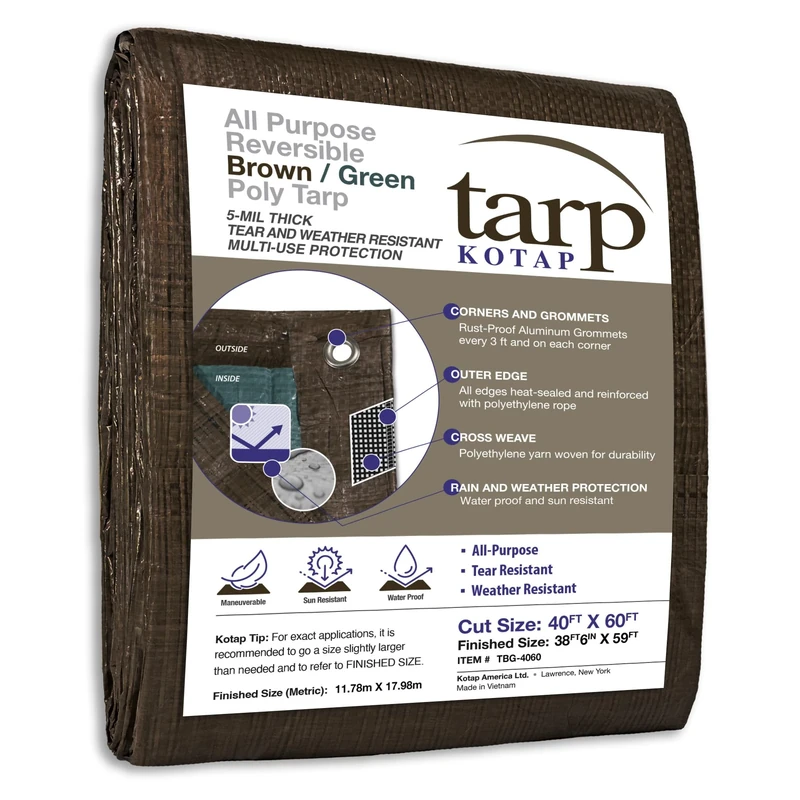 Kotap TBG-4060 Indoor/Outdoor All Purpose 5-mil Reversible Poly Tarp, Brown/Green, 40x60 ft