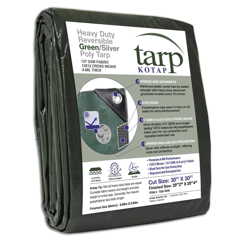Kotap 30-ft x 30-ft Heavy-Duty 12 by 12 Cross Weave 8-mil Reversible GreenSilver Poly Tarpaulin Waterproof Cover Sheet, Item: TGS-3030 - Image 1