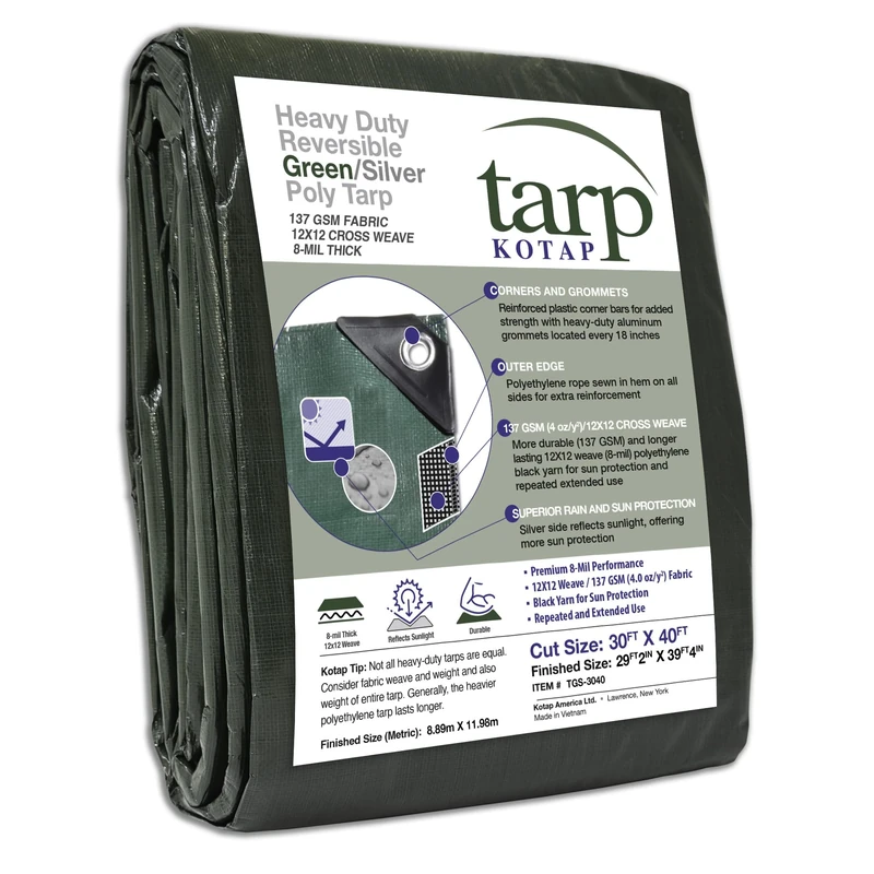 Kotap 30-ft x 40-ft Heavy-Duty 12 by 12 Cross Weave 8-mil Reversible Green/Silver Poly Tarp, Item: TGS-3040