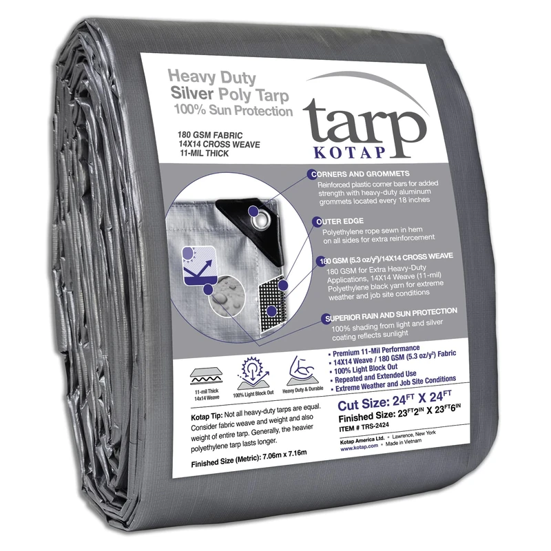Kotap 24-ft x 24-ft Heavy-Duty 14 by 14 Cross Weave UV Blocking 10-mil Silver Poly Tarp, Item: TRS-2424