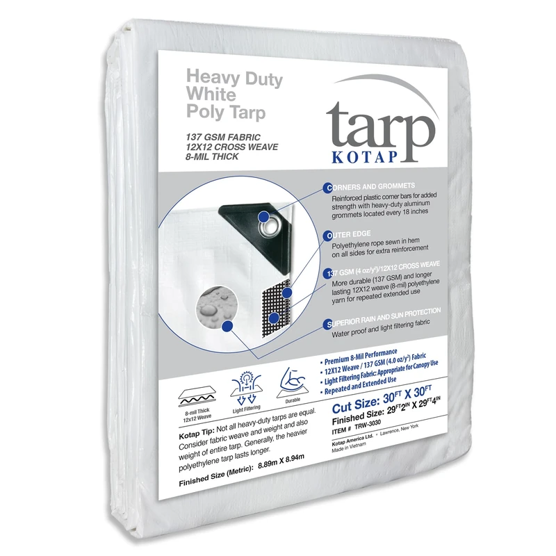 Kotap 30-ft x 30-ft Heavy-Duty 12 by 12 Cross Weave 8-mil White Poly Tarp, Item: TRW-3030