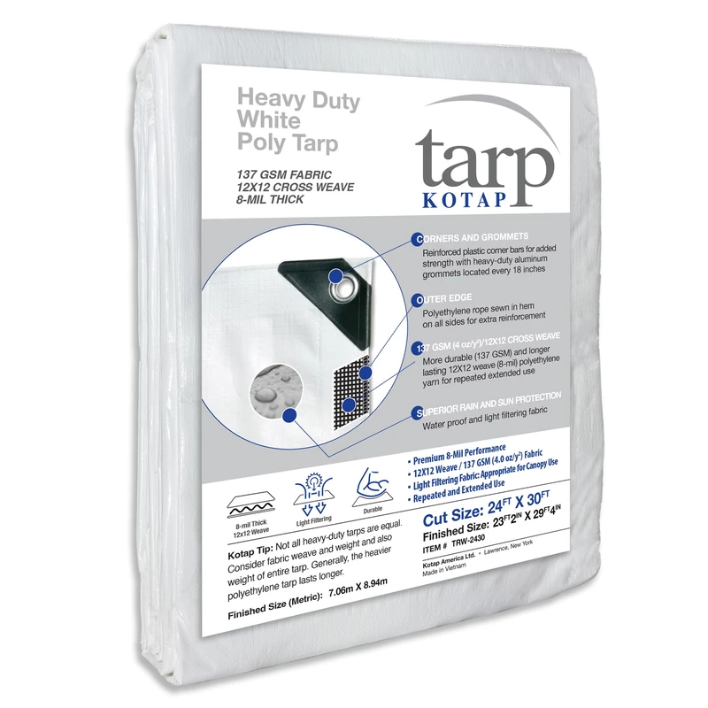 Kotap 24-ft x 30-ft Heavy-Duty 12 by 12 Cross Weave 8-mil White Poly Tarp, Item: TRW-2430 - Image 1