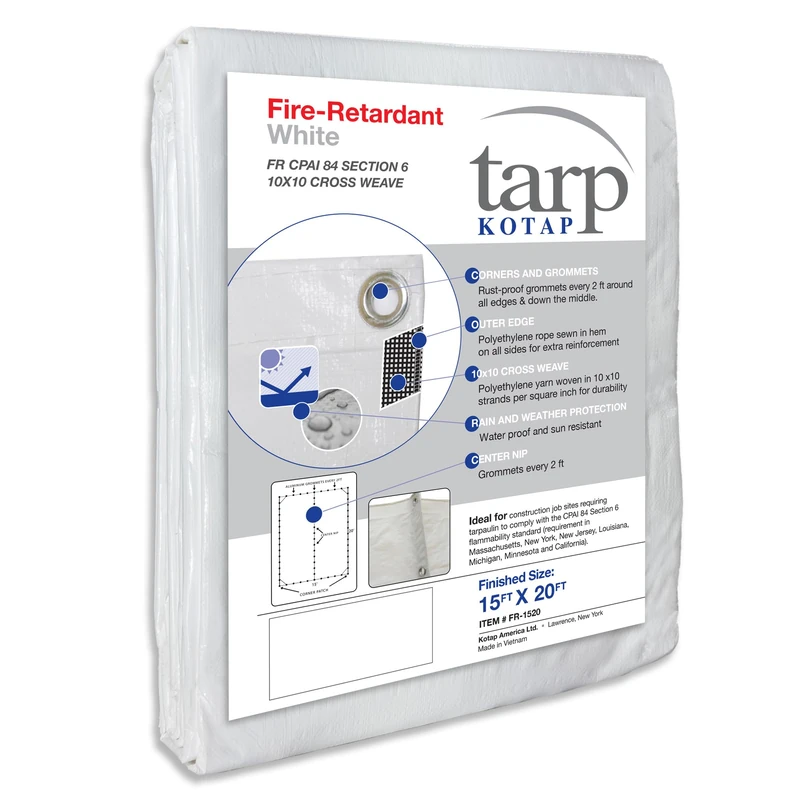 Kotap FR-1520 Fire-Retardant Tarp for Construction Job Sites Requiring Tarpaulin, White, 15 x 20-Foot