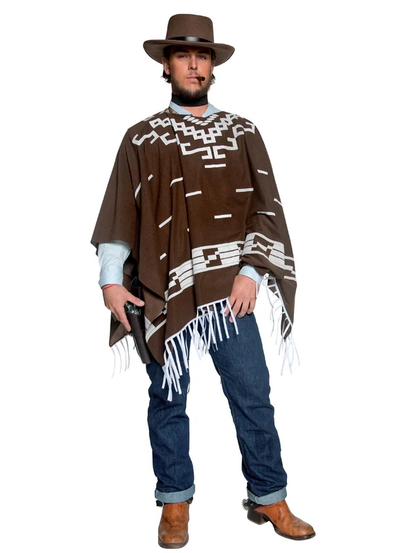 Smiffys Authentic Western Wandering Gunman Costume, Brown with Poncho, Vest with Faux Shirt and Neckscarf, Cowboys and Indians Fancy Dress, Adult Dress Up Costumes