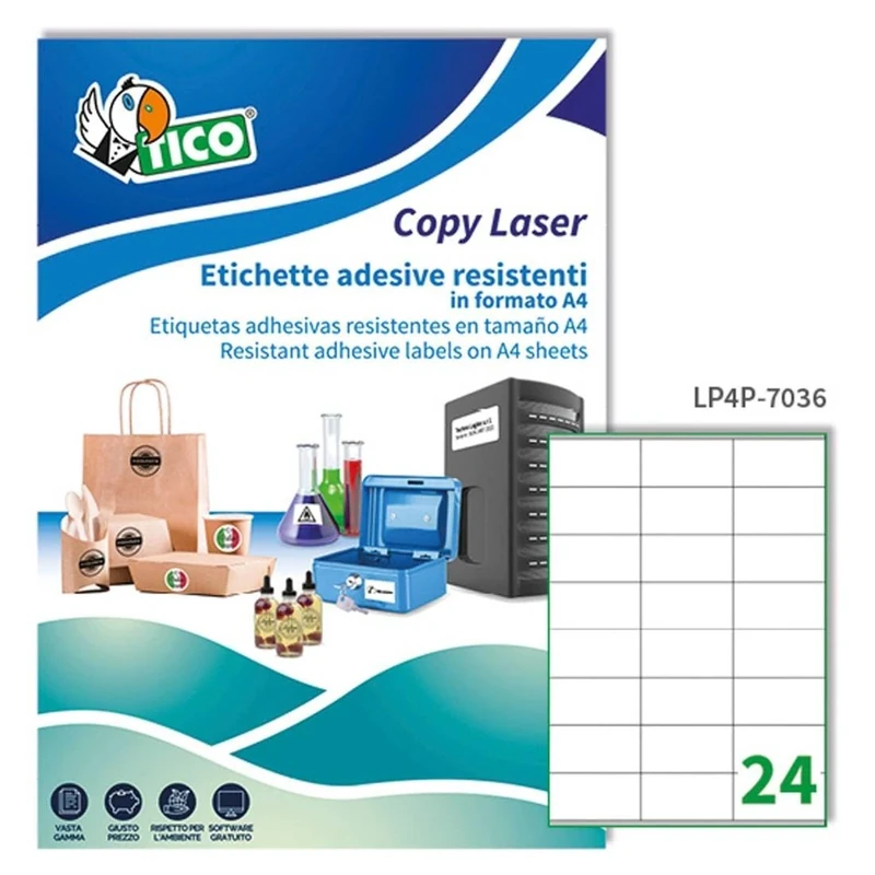 Tico Italia LP4P-10536 Strong White Polyester Sticky Labels 70 Sheets A4 Rectangular 105x36mm 16 Labels Per Sheet Permanent Adhesive Laser Printers