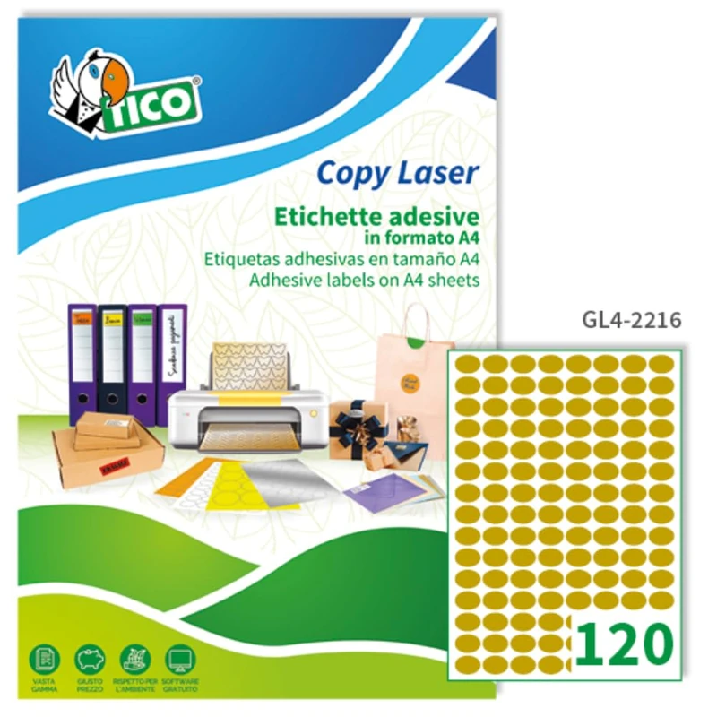 TICO GL4 – 2216 – Labels, Box of 100 Sheets, A4, 22 x 16 mm, Satin Gold