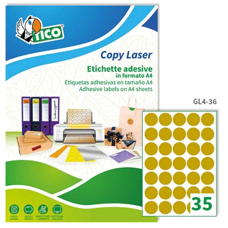 TICO GL4 – 36 Labels, Box of 100 Sheets, A4, Diameter 36 mm, Satin Gold