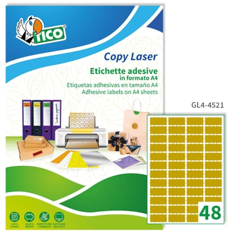 TICO GL4 – 4521 – Labels, Box of 100 Sheets, A4, 45 x 21 mm, Satin Gold - Image 1