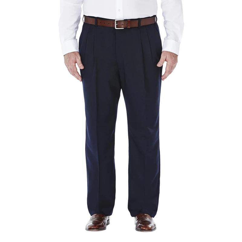Haggar Men's Gabardine Hidden Pleat Front Trousers, Navy, 58W x 30L
