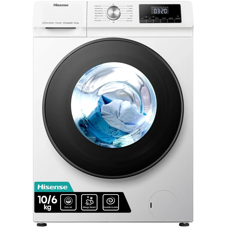 Hisense WDQA1014EVJM 60cm Freestanding 10 KG Front Load Washer Dryer - 1400 RPM - Pure Steam - PureJet - Pause and Add - Inverter Motor - White -230V