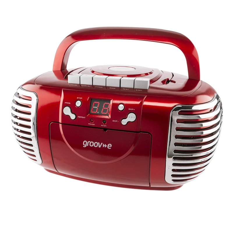 Groov-e Retro Boombox CD Player with Cassette, FM Radio Tuner, 3.5mm AUX in Socket for Smartphones & LED Display - Red, GVPS813/RD