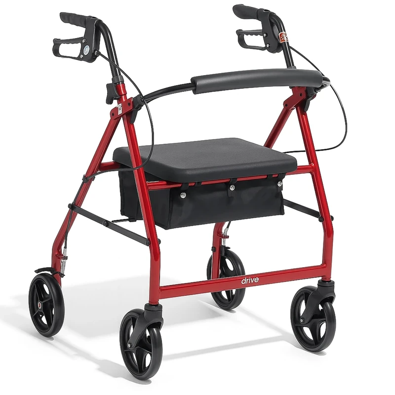 Drive R6 Red Aluminium Rollator with Padded Seat and Vinyl Underseat Bag