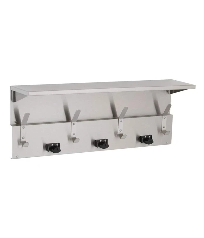 Bobrick 239x34 304 Stainless Steel Utility Shelf with Mop/Broom Holders and Rag Hooks, Satin Finish, 34" Length x 8" Width x 13" Height
