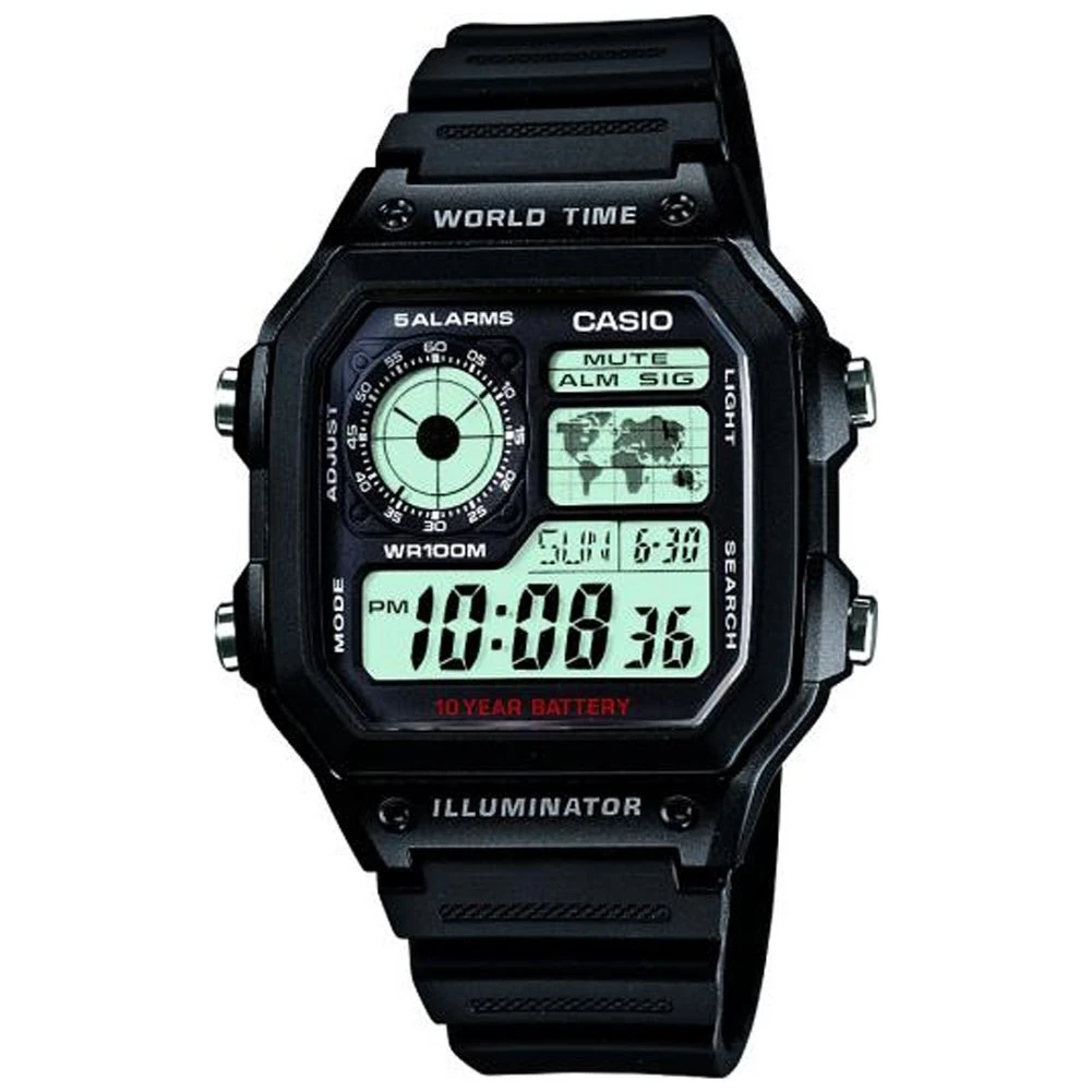 Casio Collection Digital Chronographic World Time Water Resistant Black Resin Mens Watch AE-1200WH-1AVEF