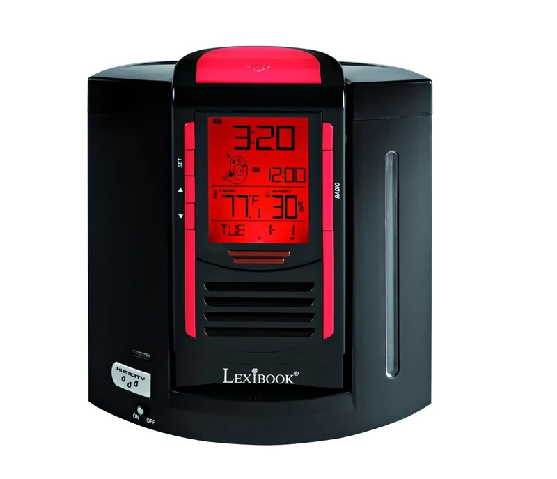 LEXIBOOK, Humidifier Radio Clock, Alarm and snooze function, Supplied with 5 filters, AC + battery adapter, Black/Red, RL2000