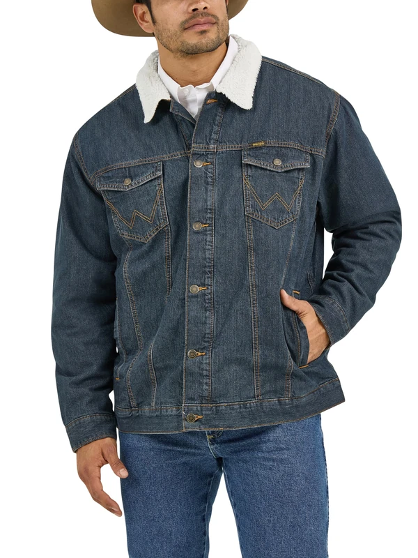 Wrangler Men's Western Style Lined Denim Jacket, Denim/Rustic Sherpa, XXL Tall