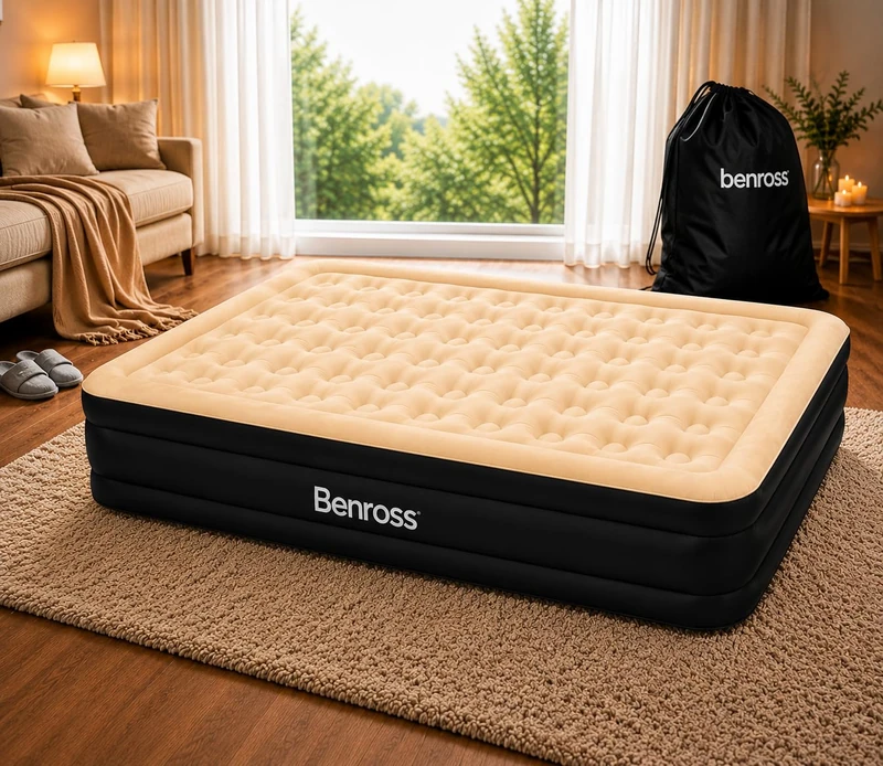 Benross 88030 Double Size Airbed/Inflatable Air bed with Built-In Electric Pump/Comfortable Flocked Surface/Carry Bag & Repair Patch Included/Suitable for Camping or Home / 2m x 1.5m / Beige