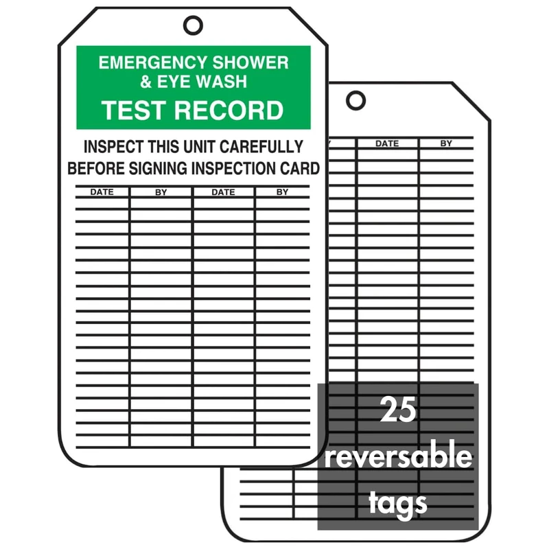 Accuform MGT207PTP Inspection Record Tag, Legend Emergency Shower & Eye WASH Test Record, 5.75" Length x 3.25" Width x 0.015" Thickness, RP-Plastic, Green/Black on White (Pack of 25) - Image 1