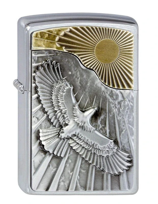 Zippo Windproof Lighter - Eagle Sun Fly - Brushed Chrome - Refillable for Lifetime Use - Adjustable Flame - Gift Box - Metal Construction - Made in USA