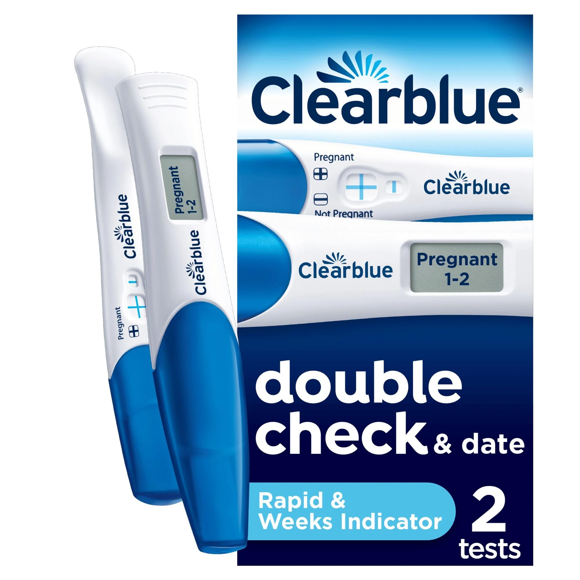 Clearblue Pregnancy Test Double-Check & Date Combo Pack, Result As Fast As One Minute (Visual Stick) & Tells You How Many Weeks (Digital Stick), 2 Tests (1 Digital, 1 Visual), Packaging May Vary
