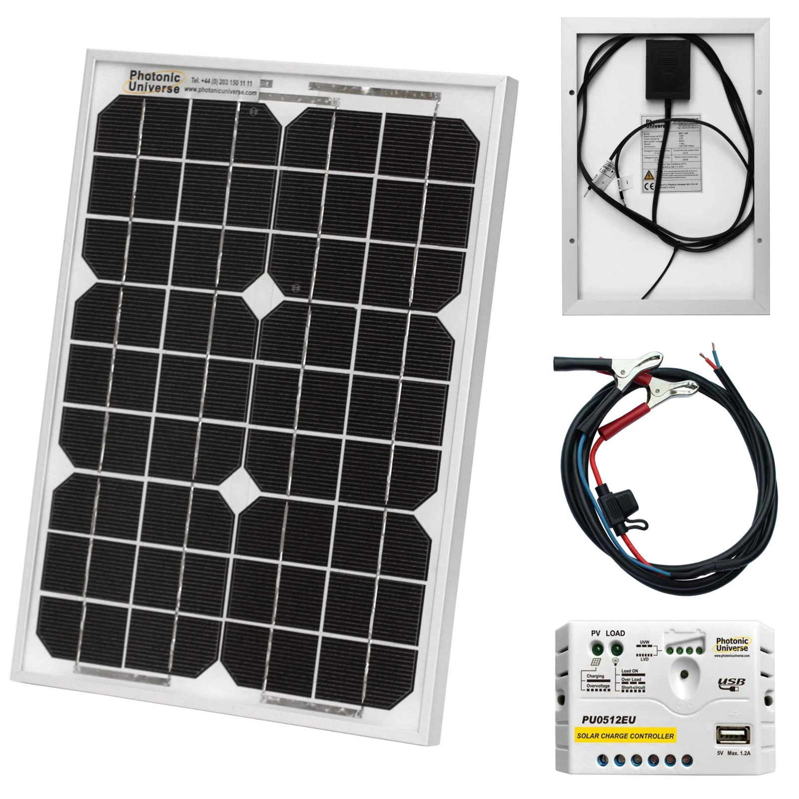 10W 12V Photonic Universe Solar Power kit with 5A Charge Controller and Battery Cables for a Motorhome, Caravan, Camper, Boat or Any 12V System (10 watt)