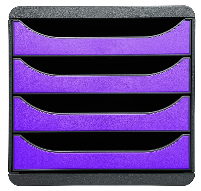 Exacompta - Ref 310720D - BIG-BOX Desktop Drawer Set - 4 x 55mm Drawers, Suitable for A4+ Documents, 347 x 278 x 267mm, 100% Recycled Plastic - Black/Purple
