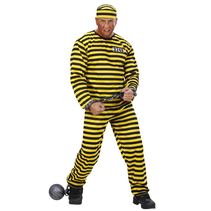 Mens Convict s YellowithBlack Costume Medium UK 40/42" for Prisoner Jail Fancy Dress - Image 1