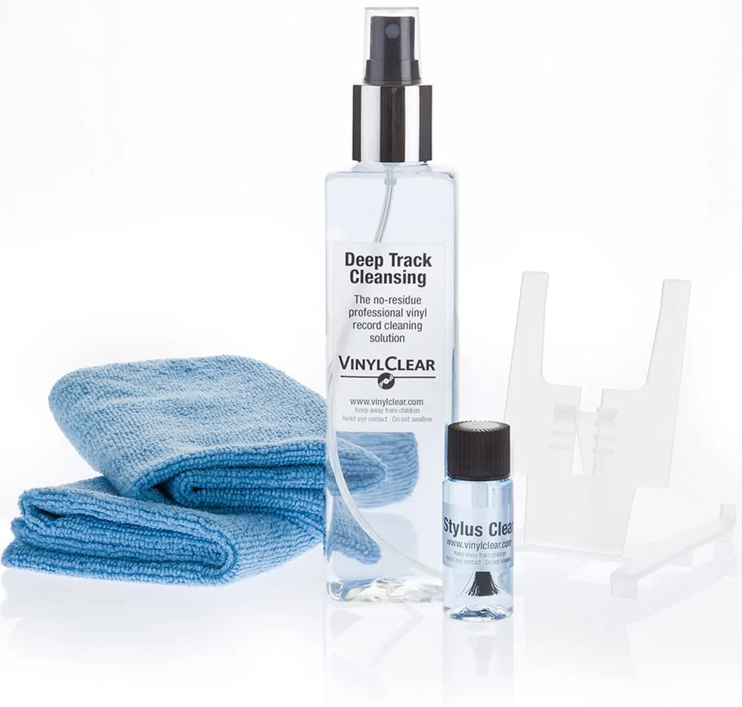 Professional LP Record Cleaner Solution : Vinyl Record Cleaning Kit (250ml), Stylus Brush, Drying Stand, plus Two Microfibre Cloths. Enjoy Click Free, Crystal Clear Sound