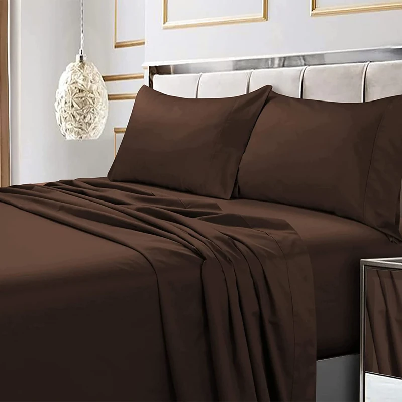 Tribeca Living Soft Egyptian Cotton Sateen Solid Sheets and Pillowcase Set, Deep Pocket, 600 Thread Count, Chocolate, King