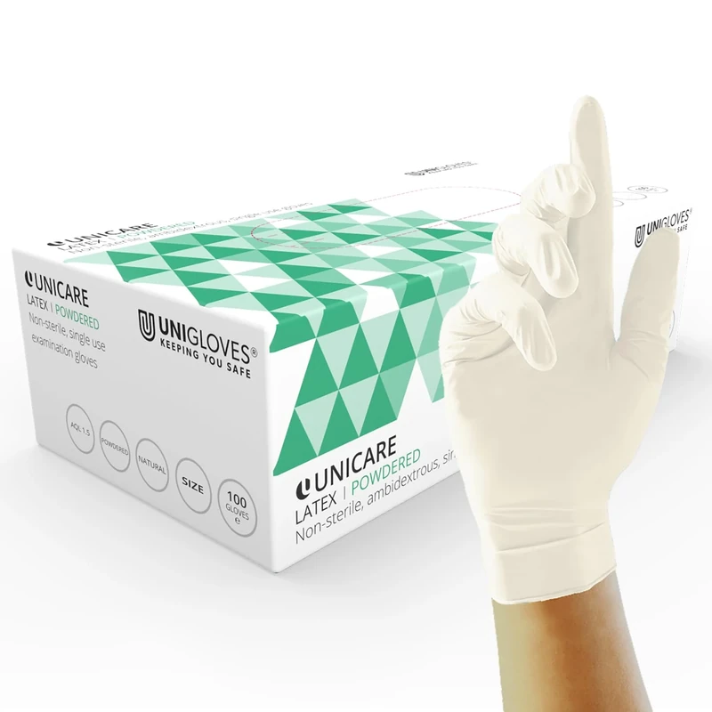 Unigloves Unicare Latex GS0025 Single Use - Multipurpose, Lightly Powdered Disposable Gloves, Box of 100 Gloves, Natural, Extra Large