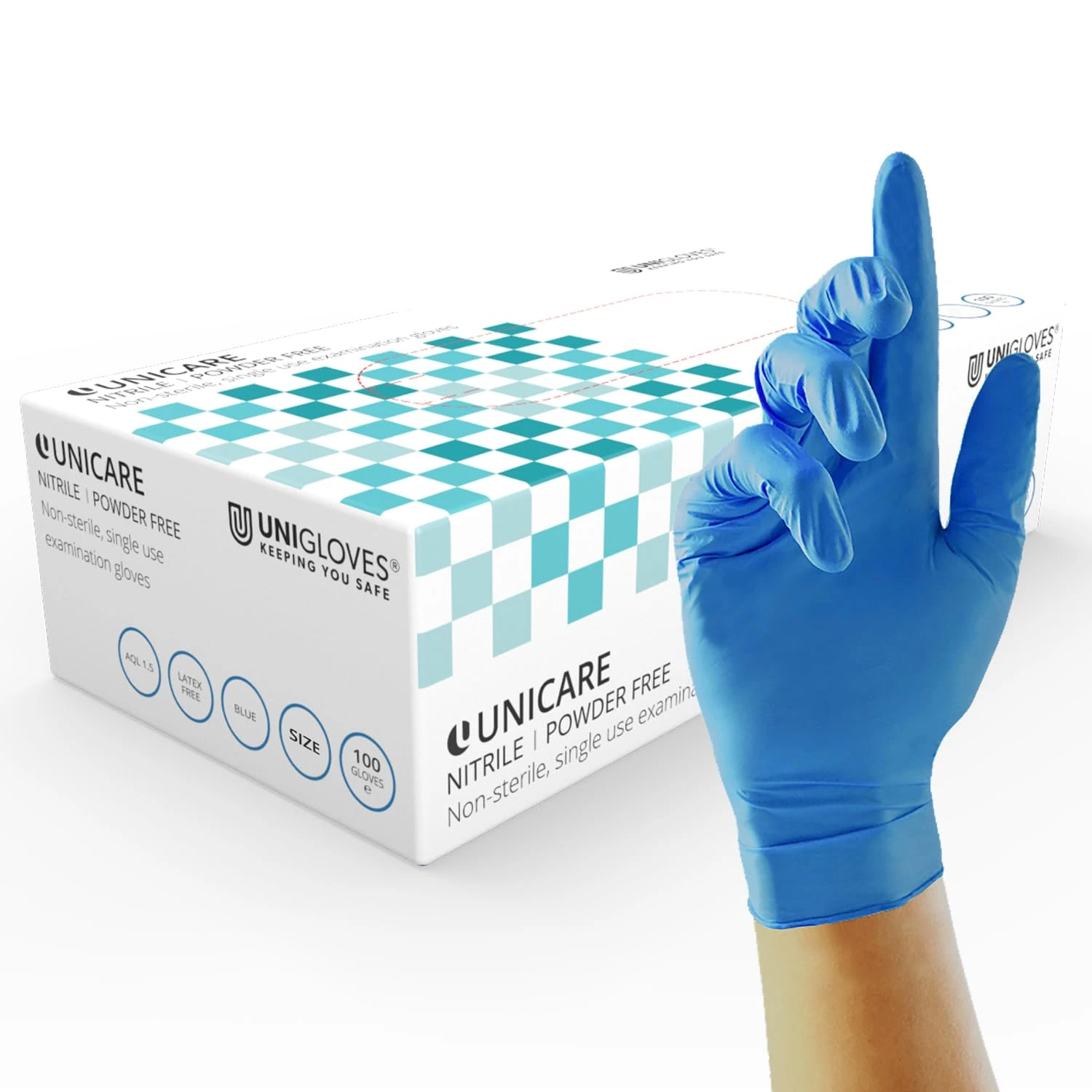 Unigloves Unicare GS0033 Nitrile Examination - Multipurpose Powder Free Disposable Gloves, Box of 100 Gloves, Blue, Medium