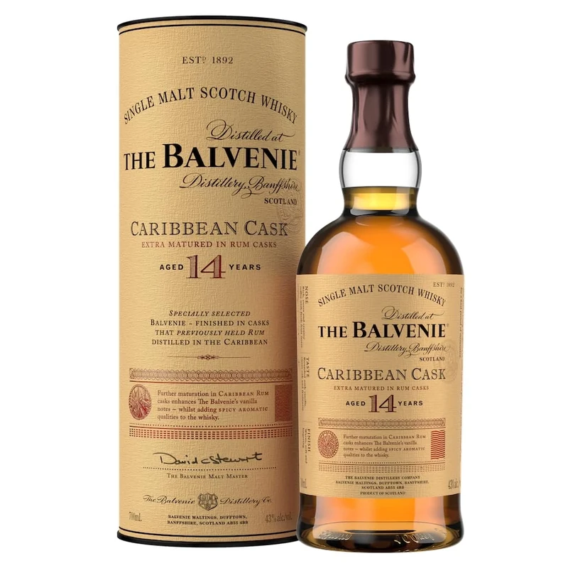 THE BALVENIE - Caribbean Cask 14 Year Old Single Malt Scotch Whisky - Extra Matured In Rum Cask - Traditional Smooth, Honeyed Character - Creamy Toffee & Fresh Fruit Notes - 43% ABV - 70 cl