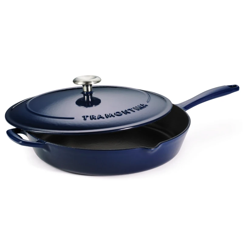 Tramontina Bestow Enamelled Cast Iron Skillet with Lid, 30 cm (3.25l), Blue, for Induction and All Hobs, Oven-Safe to 230°C, 31700208