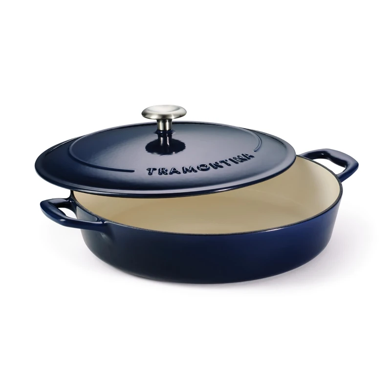 Tramontina Bestow Enamelled Cast Iron Shallow Casserole Dish, 30 cm (3.8l), Blue, for Induction and All Hobs, Oven-Safe to 230°C, 31700206