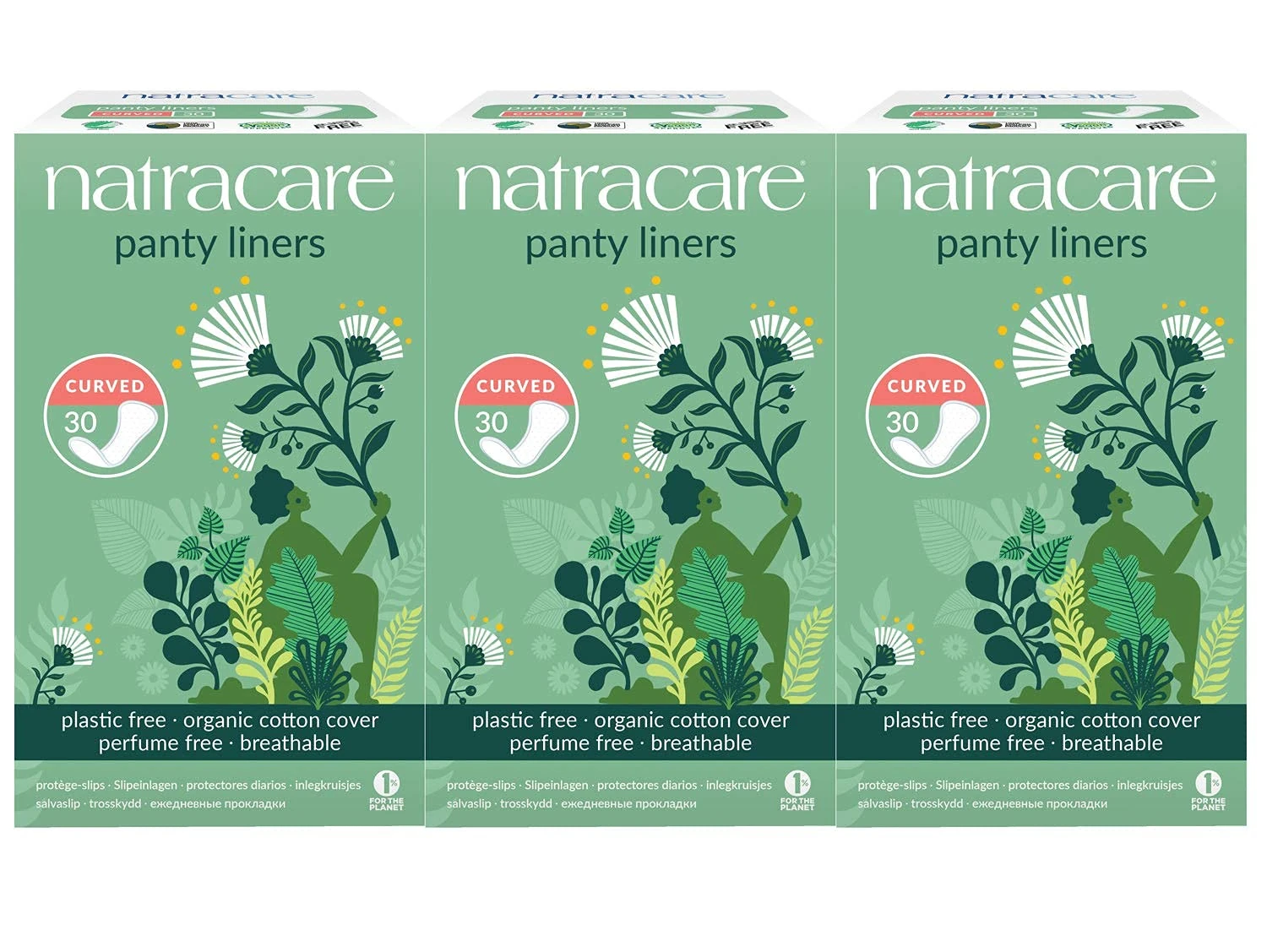 Natracare Natural Curved Panty Liners with Organic Cotton | 30 Liners x 3 Packs (90 Liners)