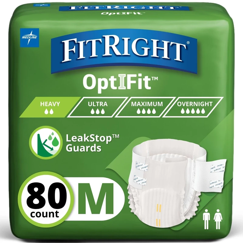 FitRight OptiFit Extra+ Adult Diapers with leak stop guards, Disposable Incontinence Briefs with Tabs, Moderate Absorbency, Medium, 32"-42", 20 Count (Pack of 4)