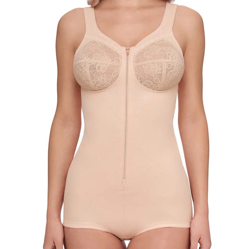 Susa Women's Bodysuit Without Underwire, Functional Body with Zip in The Front, Shaping Body with Hook & Eye and High Back for Perfect Support, Beige (Skin 010), 38D