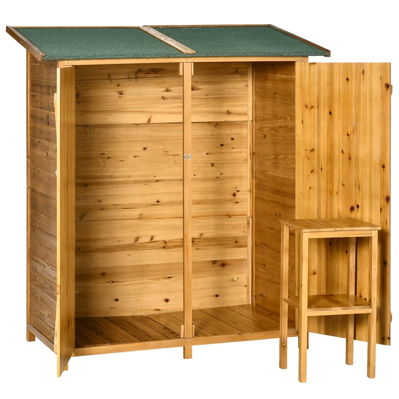 Outsunny Garden Storage Shed Tool Organizer w/ Table, 140x75x157cm, Natural - Image 1